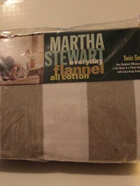 New Martha Stewart Cotton Flannel Twin Sheet Set Striped Beige White Pillowcase